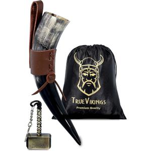 Drinking Horn  10-12 Inch Viking Gifts for Men & Women | With Thor Bottle Opener & Stand | Handmade & Real Ox Horns | Norse Viking Cup Perfect For Beer, Ale, Mead (12 Oz) (Natural Polished)
