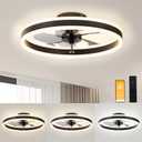 VOLISUN Low Profile Ceiling Fans with Lights and Remote, 19.7in Flush Mount Ceiling Fans with Light, 3000K-6500K Dimmable Fandelier LED Fan Light, Black Bladeless Ceiling Fans with Lights for Bedroom