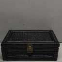 Rattan Box with Lid Decorative Natural Handmade Boho Rattan Baskets Woven Wicker Cane Bins Keepsake Memory Jewelry Boxes Rectangular Desk Shelf Closet Organizer Container (Black, Small)