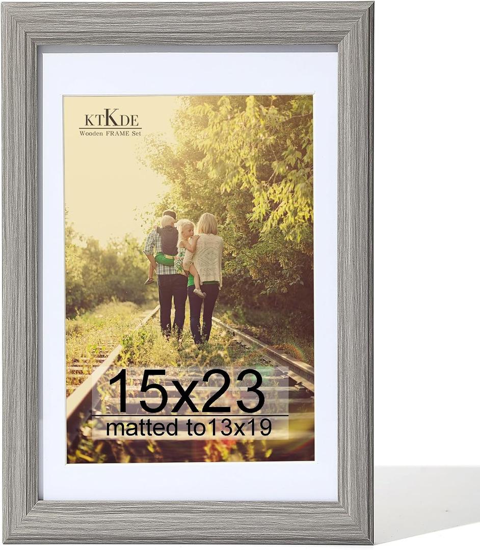 KTKDE 15x23 Picture Frame,Poster Frame Display Pictures 13 x 19 with Mat or 15x23 Without, Tempered Glass, 23 by 15 Gray Wooden Frame Wall Gallery Photo Frame best gift