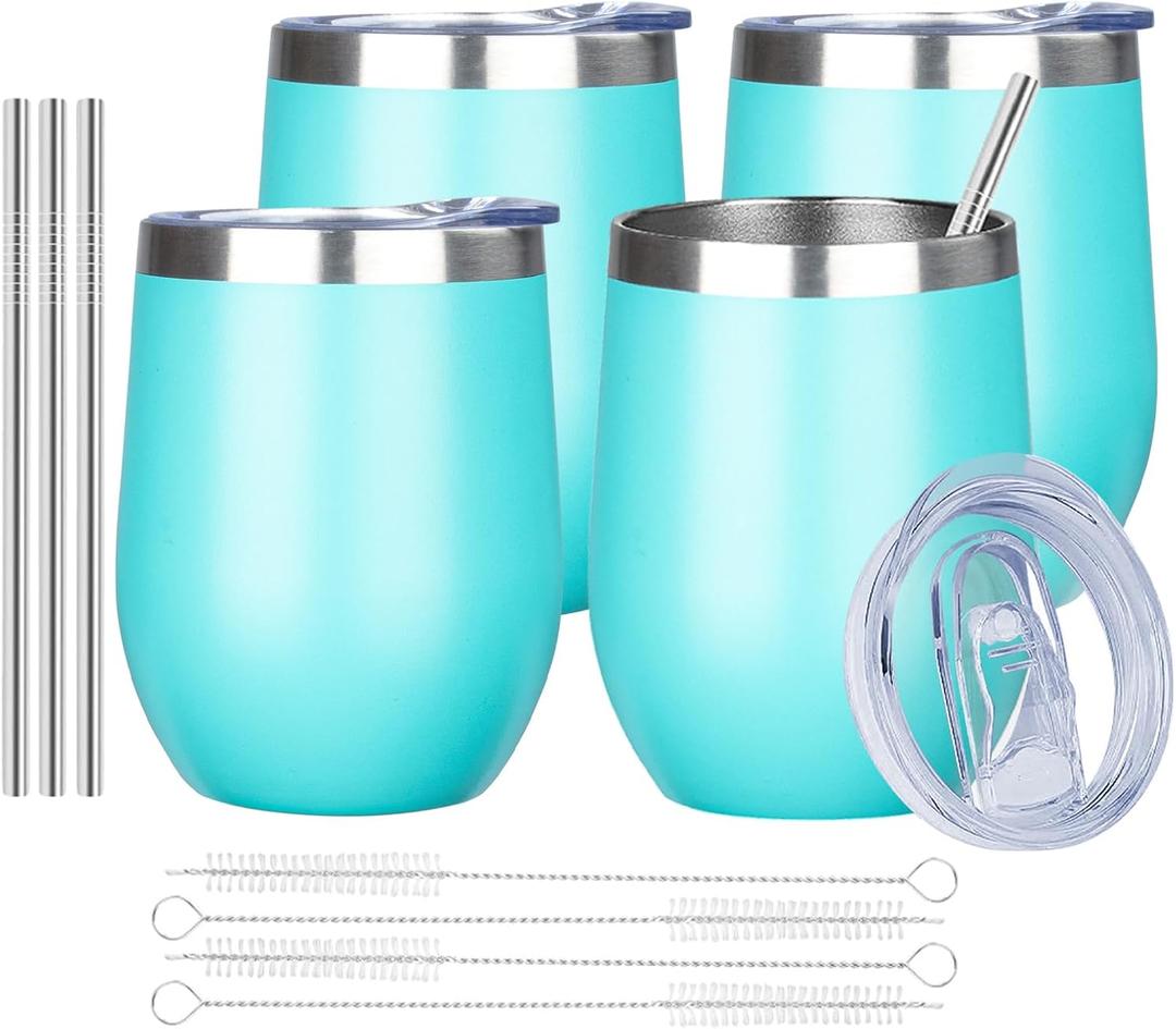 MEZMUT 12 Oz Insulated Wine Tumbler with Lid Double Wall Vacuum Stainless Steel Wine Glass Coffee Mug Insulated Tumbler Cup for Champaign, Cocktail, Beer (Teal, 4 Pack)