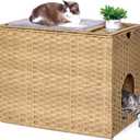 Cat Litter Box Enclosure with Litter Trapping Mat; Handwoven Plastic Rattan Cat House; No Installation Hidden Cat Washroom; Pet Crate for Balcony,Bedroom,Living Room