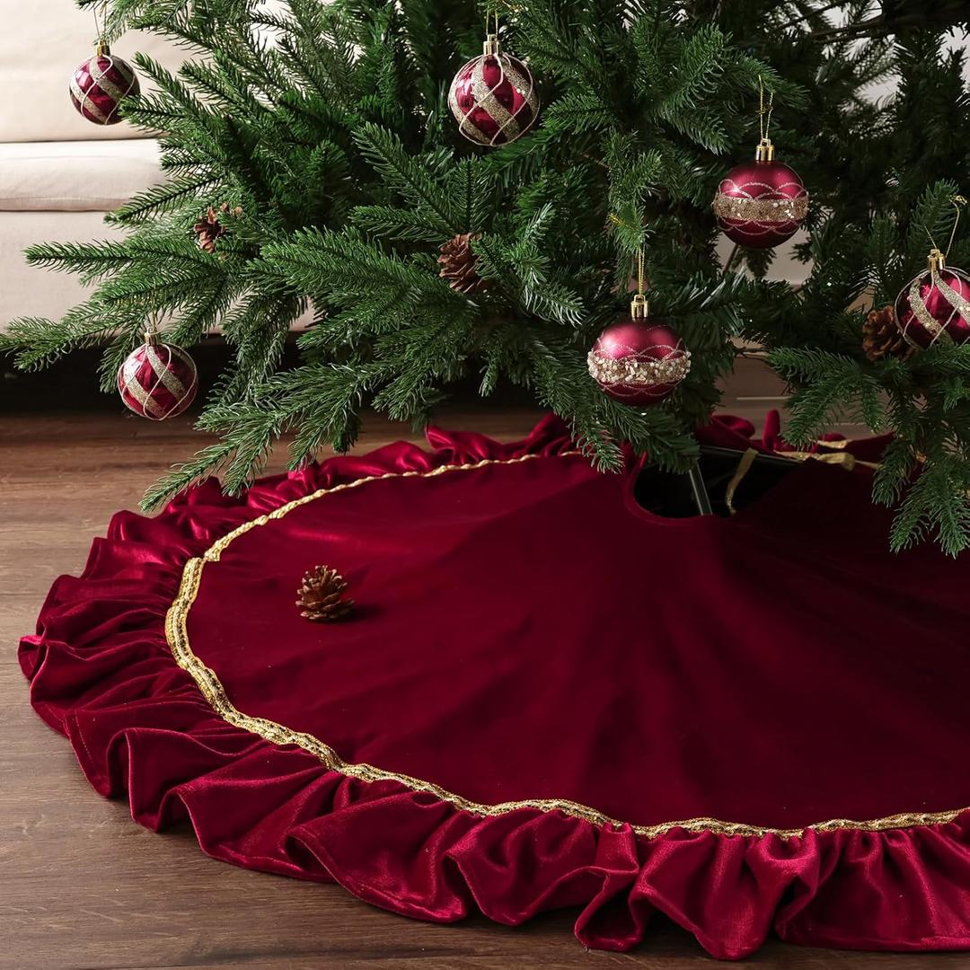 Christmas Tree Skirt: 48 Inch Large Luxury Wine Red Velvet Plush Fur Ruffled Christmas Tree Skirts with Gold Trim and Bow, Vintage Royal Decorations for Xmas Home Indoor Decor