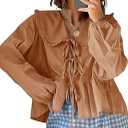 Tankaneo Womens Tie Front Tops Casual Babydoll Long Sleeve Blouses Peplum Cotton Bow Shirts Brown, Sm