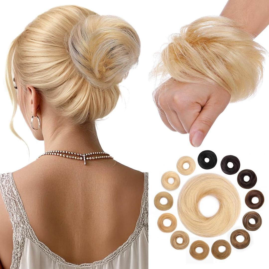 Hairro Messy Bun Hair Piece Human Hair, 100% Real Ponytail Scrunchies Natural Curly Chignon Fluffy Donut Updo, Hairpiece with Elastic Rubber Band for Women, 1 Count Bleach Blonde