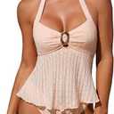 ZAFUL Halter Tankini Swimsuits for Women Lace O-Ring Cut Out Two Piece Tummy Control Swimsuits Bathing Suits L