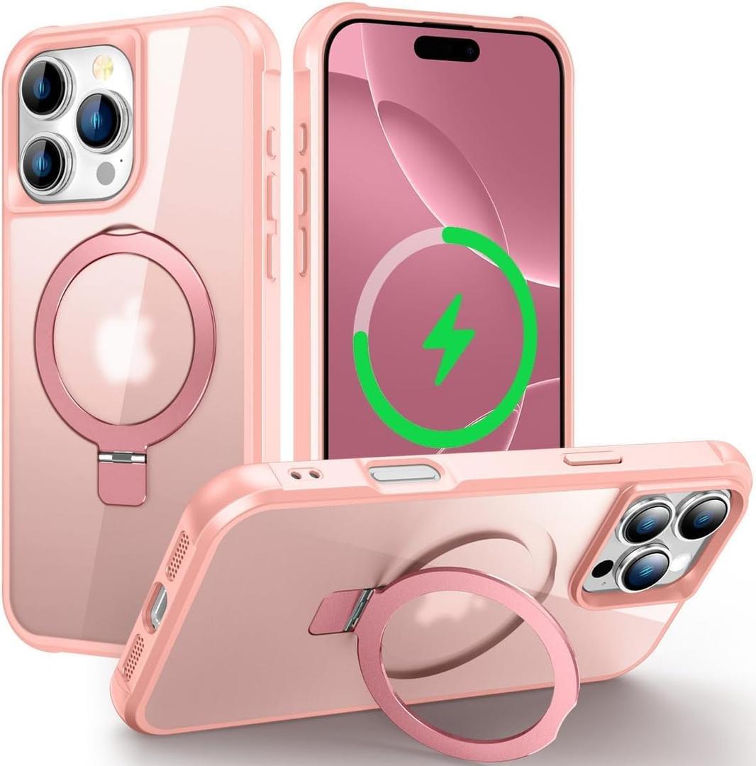 CHAOFEnG Magnetic Compatible with iPhone 16 Pro Case with Stand [Military Grade Drop Tested][Compatible with Magnet] Ring Translucent Slim Hard Back Soft Edge, Pink