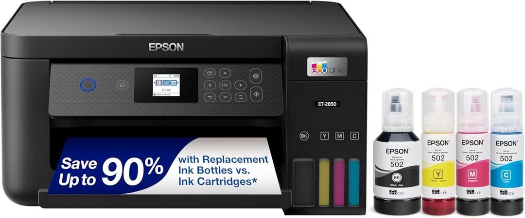 Epson EcoTank ET-2850 Wireless Color All-in-One Cartridge-Free Supertank Printer with Scan, Copy and Auto 2-sided Printing - Black 