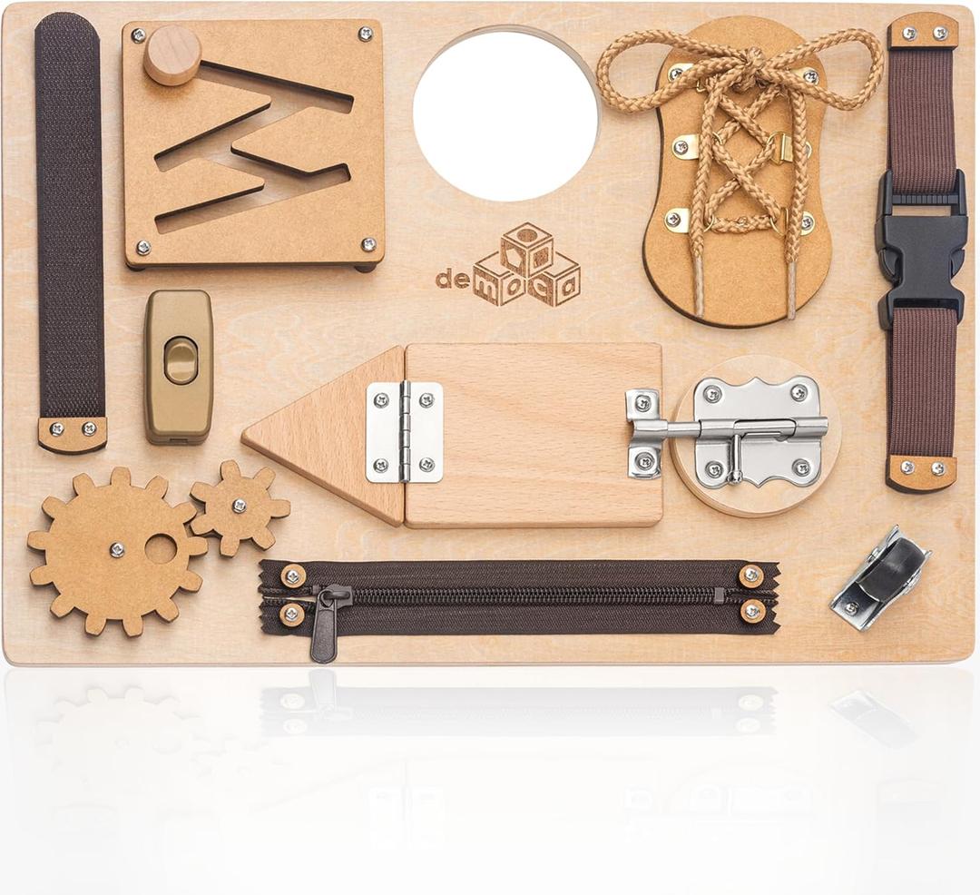 deMoca Sensory Busy Board for Toddlers, Premium Wooden Toddler Busy Board for 1 2 3 Year Old with 10 Educational Activities for Fine Motor Skills, Fidget Activity Toy for Travel (Nature - Large)