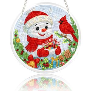 Eiflow Glass Christmas Diamond Art Hanging Kit for Adults, DIY Stained Glass Diamonds Painting Door Hanger Board Kit, Crystal Diamond Art Painting Pendant Ornament Full Drill (Snowman and Cardinal)