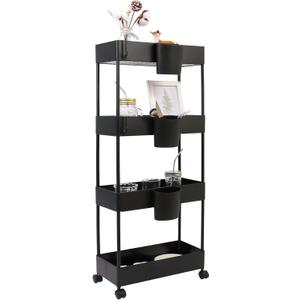 4-Tier Slim Rolling Utility Cart Storage Shelves Trolley Storage Organizer Shelving Rack with Mesh Baskets/Wheel Casters for Laundry Pantry Bathroom Kitchen Office Narrow Places(Black)