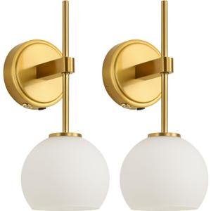 Glass Battery Operated Wall Sconce Set of 2, Gold Rechargeable Wireless Wall Lights with 3CCT Dimmable, Timer & Remember Function and Remote Control, Wall Lamp for bedroom, bathroom, living room