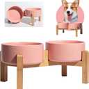 Elevated Ceramic Dog Bowl Set - Raised Dog Bowls with Non-Slip Bamboo Stand - Dog Food and Water Bowl Set - Double Dog Feeding Bowls - Suitable for Small and Medium Dogs - 28.74 OZ - 3.6 CUPS - 850 ML (Pink)