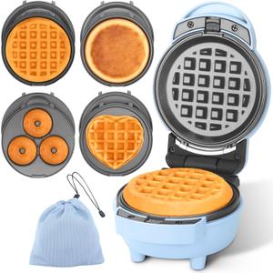 Baker's Friend 4 in 1 Mini Waffle Maker with Removable Plates, Set Includes Mini Pancake, Donut, Heart Shape Waffle Makers, Compact Size, Recipe Included, Blue