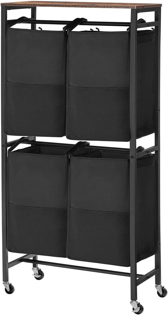 HOOBRO Laundry Sorter, Laundry Basket with Wheels, 52 Gal (198L) Rolling Laundry Hamper, 2 Tier Laundry Cart with 4 Removable Oxford Fabric Laundry Bags, Rustic Brown and Black BF71XY01