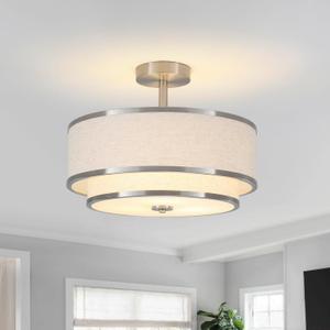 BUXVRCS Semi Flush Mount Ceiling Light Fixture, Modern Light Fixtures Ceiling Mount with Fabric Shade, 3-Light Double Drum Lighting Fixtures Close to Ceiling Light for Bedroom (Brushed Nickel)
