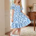 Cubear Ruffle Sleeve Dress for Girls Floral Short-Sleeves Smocked A-Line Dresses Kids Midi Casual Summer Spring Sundress (White)