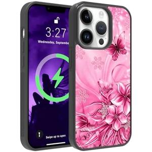 OOK Magnetic for iPhone 13 Pro Max Case Pink Butterfly with Flower Nebula Space Design [Compatible with MagSafe] Hard PC+Soft TPU Bumper Anti-Slip Ultra Thin Case, Hot Pink