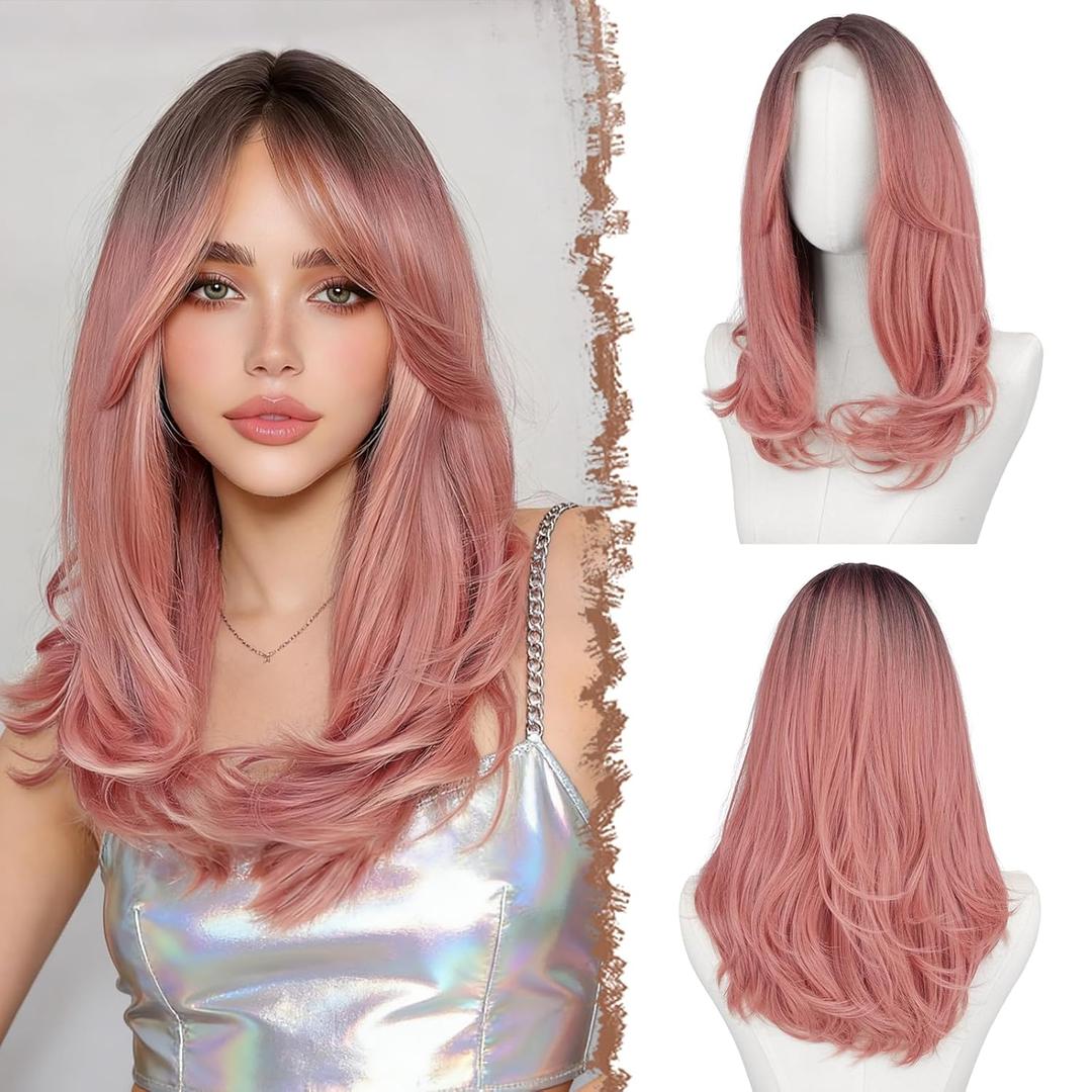 FESHFEN Lace Front Hairline Wigs with Bangs, Synthetic Natural Looking Long Layered Straight Hair Wig for Women Daily Party Costume, 18 inch Ombre Pink (Medium)