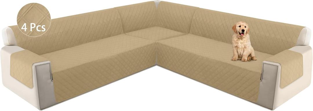 HDCAXKJ L Shape Couch Cover Sectional Sofa Cover 4 Pcs Corner Sectional Sofa Slipcovers Sets for Pets Dogs Washable Non Slip U Shaped Furniture Protector for Sectional Sofa (Tan, Large)