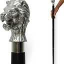 Walking Cane Stick with Silver Handle Featuring Detailed Lion Head  Premium Glossy Black Wooden Walking Stick with Durable Silver Ring