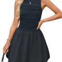 ZESICA Women's Summer Bubble Sleeveless Boat Neck Mini Dress Navy M (Black, M)