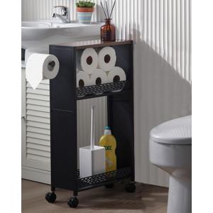 Toilet Paper Holder Stand for Small Bathroom Storage:Skinny Bathroom Storage Cabinet for Small Spaces Tiny Apartment (29.9H inch, Black/Walnut)