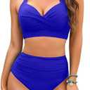 Tempt Me Women Two Piece Swimsuit High Waisted Bikini Halter Vintage Retro Bathing Suit Push up Swimwear (Large, Royal Blue)