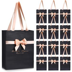Humyoun 12 Pack Black Gold Gift Bags with Handles 9 x 7 x 3.15'' Metallic Paper Gift Bags Bulk with Bow Ribbon for Bridesmaids Groomsmen Wedding Baby Shower Birthday Housewarming Party Favor Holiday
