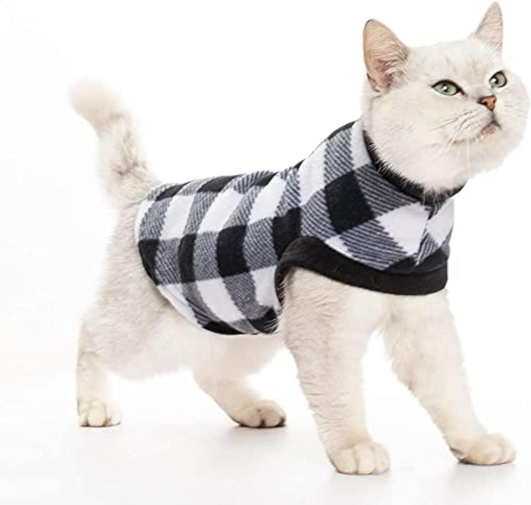 EXPAWLORER Plaid Cat Sweater - Pet Clothes Cat Puppy Vest Warm Fleece Hoodie for Cats, Fall and Cold Winter Coat Pullover Design, Buffalo Checked Sweatshirt Clothing Also for Small Dogs (Black), S