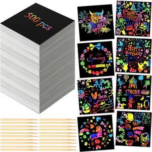 Lenwen Scratch Cards Rainbow Note Scratch Pads with 20 Bamboo Stylus for Adult Paper DIY Paper Craft Kits Birthday Party Favors Supplies(Rainbow Holographic,500)