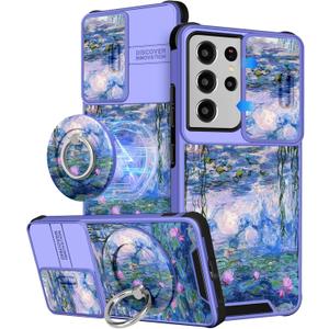 Buleens for Samsung Galaxy S21 Ultra Case 6.8 Inch - with Ring Stand & Camera Cover Aesthetic Cute Designed Women Girls Girly Blue Water Lily for Samsung S21 Ultra 5G Case Compatible with Magsafe