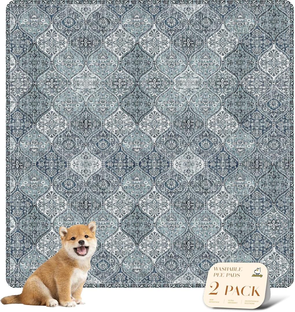 nunubaby Washable Pee Pads for Dogs, Stylish, Non-Slip and Leak-Proof Pee Pads. Reusable Potty Pads for Dogs for Crates and Floors.(Blue/Multi, 54" x54" ) (54x54 Inch (Pack of 2))