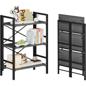 Homeiju Folding Bookshelf No Assembly, 3 Tier Bookcase Foldable Shelf with X-Bracket Design, Adjustable Feet, Space Saving Storage for Living Room, Office, 23.6"W x 11.8"D x 33.8H
