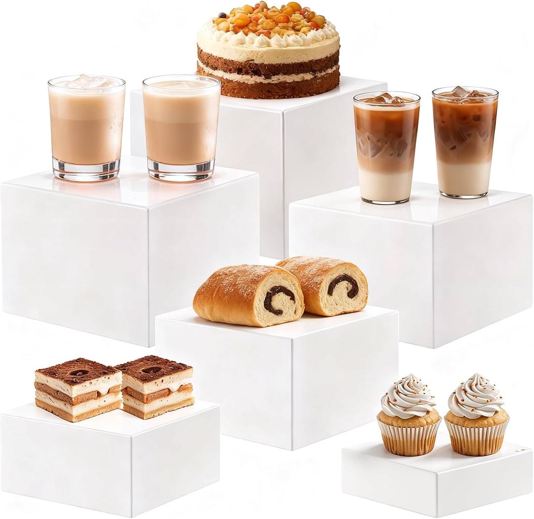 6 Pcs White Buffet Risers, 3/4/5/6/7/8 Inches Buffet Table Display Stand Shelf with Hollow Bottoms Nesting Risers Acrylic Cube Boxes for Food, Dessert, Collectibles, Jewelry