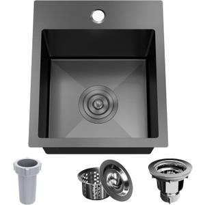 13 x 15 Inch Black Drop In Small Kitchen Sink, Single Bowl Topmount Bar Prep Sink - 18 Gauge Stainless Steel with Basket Strainer