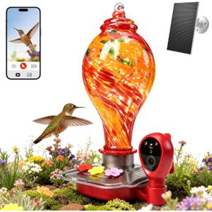 Hand-Blown Glass Smart Hummingbird Feeder with Camera, Solar Powered 2K HD Live View, AI Bird ID & Motion Alerts, Nectar Monitor, Leakproof, Water Moat, 2.4GHz Wi-Fi Hanging Gift for Outdoors (27oz)