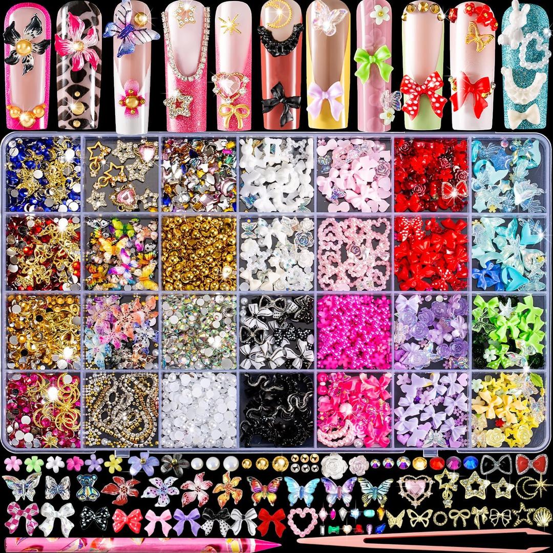 8000pcs 3D Nail Charms and Nail Gems, Cute Nail Rhinestones and Charms Y2K for Nails Nesign, Variety Butterfly Bow Moon Star Flower Junk Case Charms Gold Pearls Nail Jewels for Nail Art Decorations
