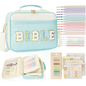 Bible Cover Case for Women Bible Study Supplies Bible Journaling Kit Large Preppy Chenille Letter Bible Tote Bag Carrying Case Christian Gifts for Girls (Blue, Large)