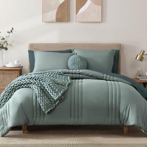 Monbix Queen Comforter Set - 7 Pieces Sage Green Bed in a Bag Queen Bedding Sets with Comforters, All Seasons Down Alternative Comforter Bed Set with Sheets,Pillowcases & Shams (7Piece-Queen(90X90''))