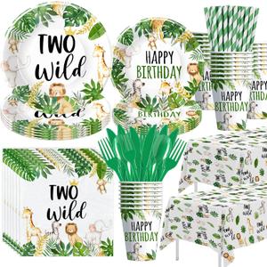 Two Wild Birthday Decorations Tableware - Jungle Animal Party Supplies For Safari 2nd Birthday Decorations, Plate, Cup, Napkin, Tablecloth, Cutlery, Straw | Serves 24