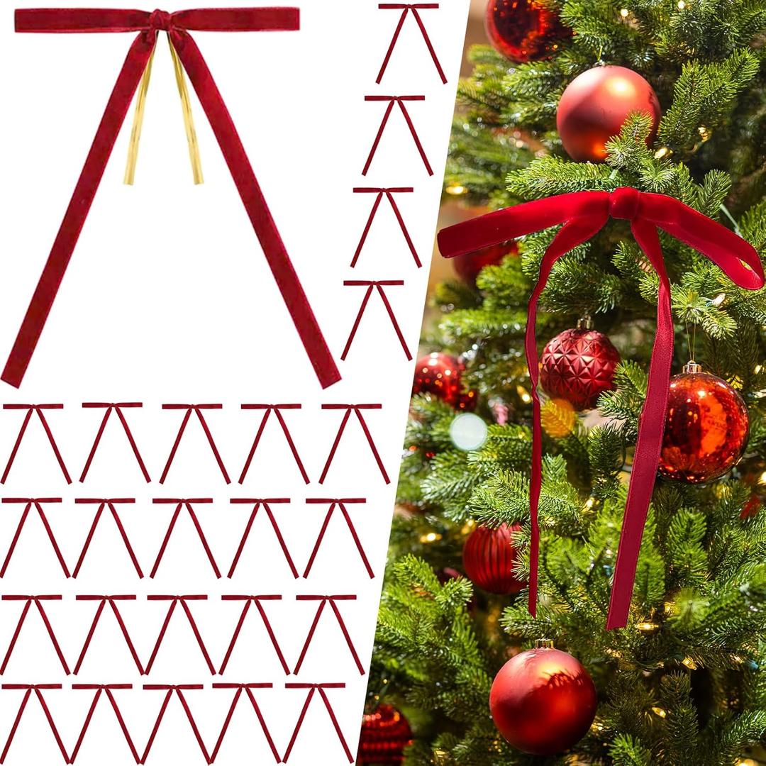 24Pcs Red Velvet Christmas Tree Bows Ornaments Vintage Velvet Ribbon Bows for Tree Garland Wreath Indoor Outdoor Christmas Decor Xmas Decorations 3/8" Wide, 5 * 7 inch