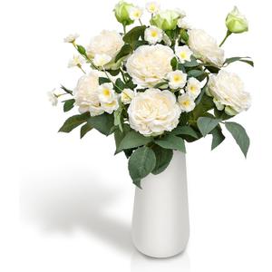Artificial Flowers in Vase, Fake Roses Peonies Flower Bouquet with Ceramic Vase Floral Arrangements for Dining Table Centerpieces Living Room Indoor Decor - Ivory White