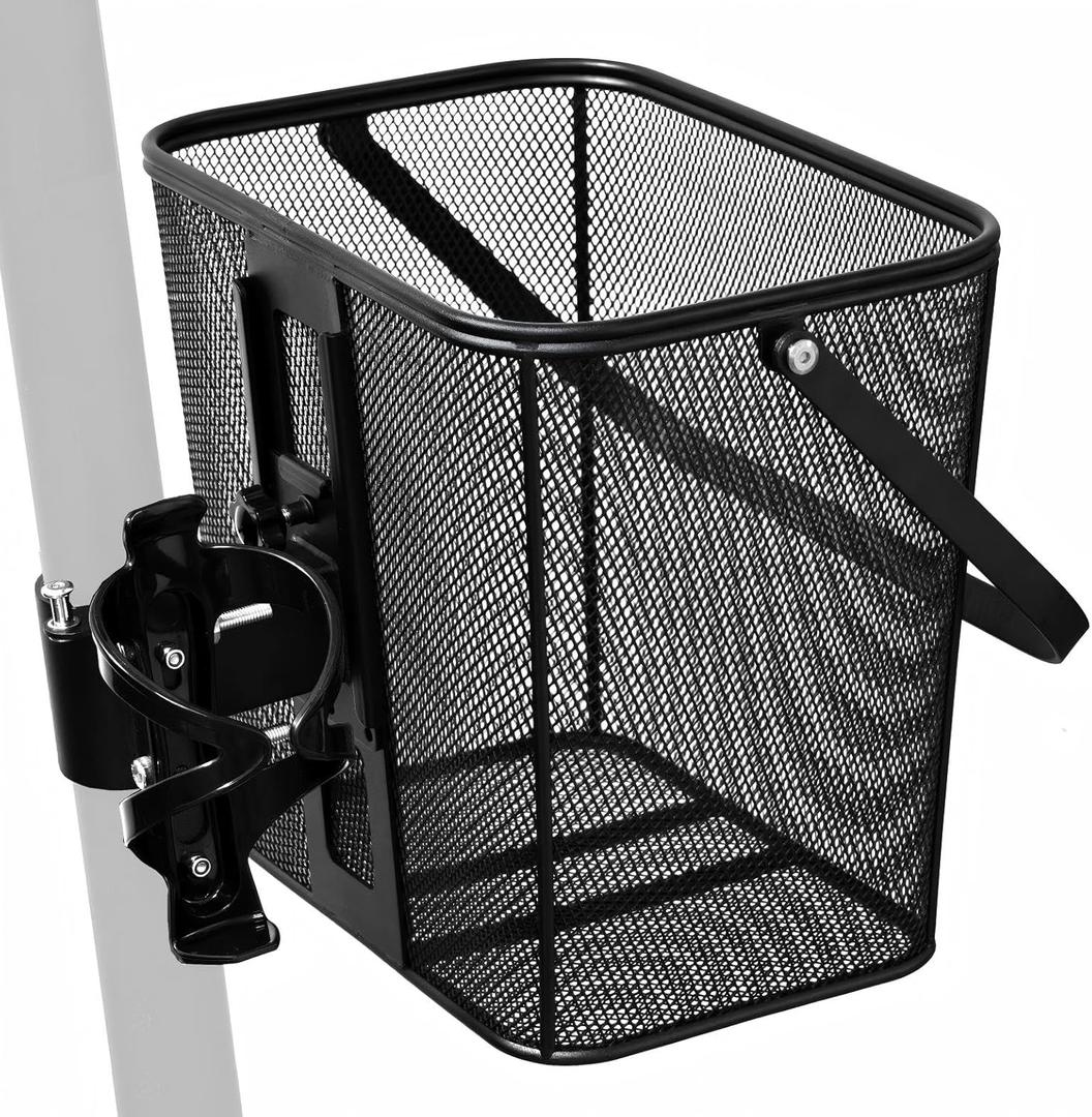 Quick Release Electric Scooter Basket for Adults Heavy-Duty Extra Thick Study Iron Mesh e-scooter Front Baskets 70lb Capacity, Bottle Holder & Handle, Easy Install Portable Removable Mobility