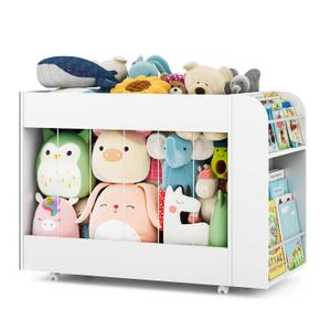 3-in-1 Toy Storage Box with Bookshelf and Chalkboard, Large Stuffed Animal Toy Chest on Wheels, Kids Toy Storage Organizer Bin for Kids Room, Nursery & Playroom, for Kids, White