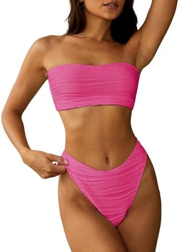 ZAFUL Women Strapless Textured Bandeau Bikini 2 Piece Swimwear Cheeky Solid Lace up Bathing Suits, Size M