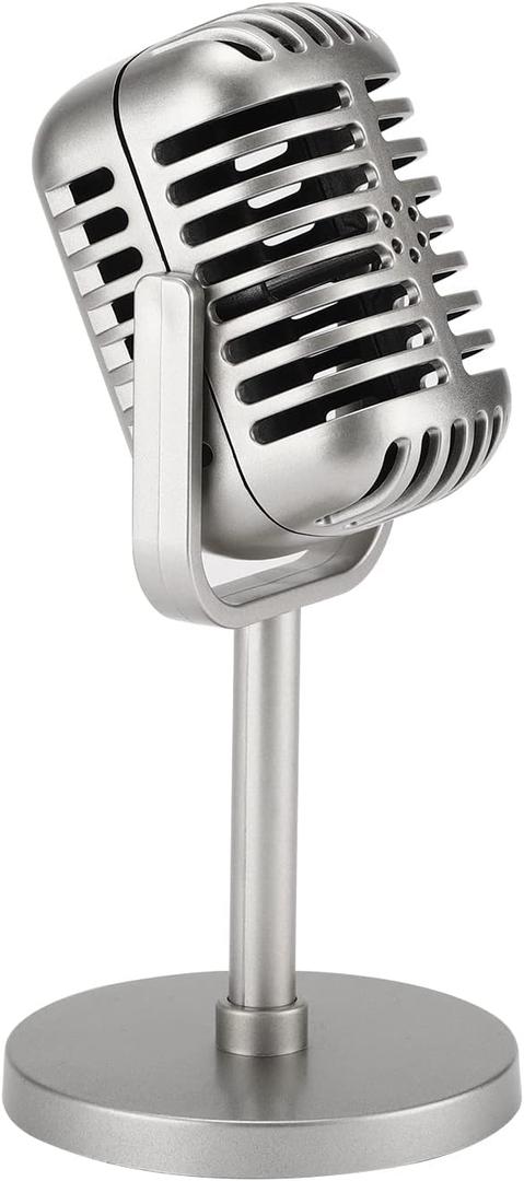 Facmogu Classic Retro Style Microphone Prop with Stand, Fake Vintage Microphone Decor for Party Decorations - Silver