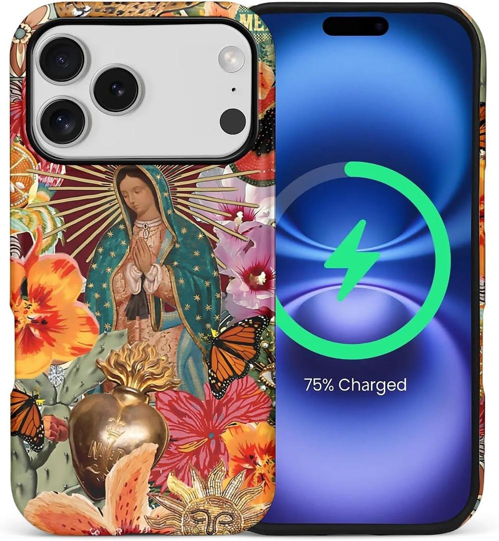 Case for iPhone 17 Pro [Compatible with MagSafe], Matte Soft Silicone + Hard PC Anti-Scratch Shockproof Protective 2-in-1 Case for Women Men - Virgin Mary Flower Collage