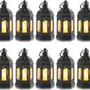 Mini Lantern with Flickering LED Candles Set of 10, Hewory Black Vintage Decorative Hanging Candle Lanterns for Halloween, Christmas, Wedding Decorations, Party, Table Centerpiece, Battery Included