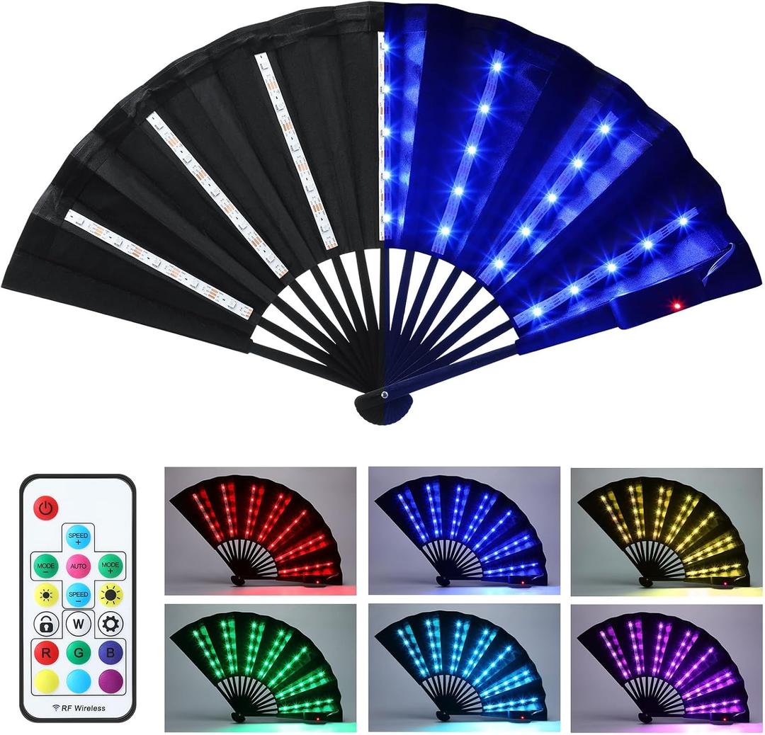Roowest Rave Party LED Light up Folding Fan for Line Dancing with Remote Control Large Handheld for Party Gift Stage Performance Props Birthday Dance Wedding Night Bar Club(Black)